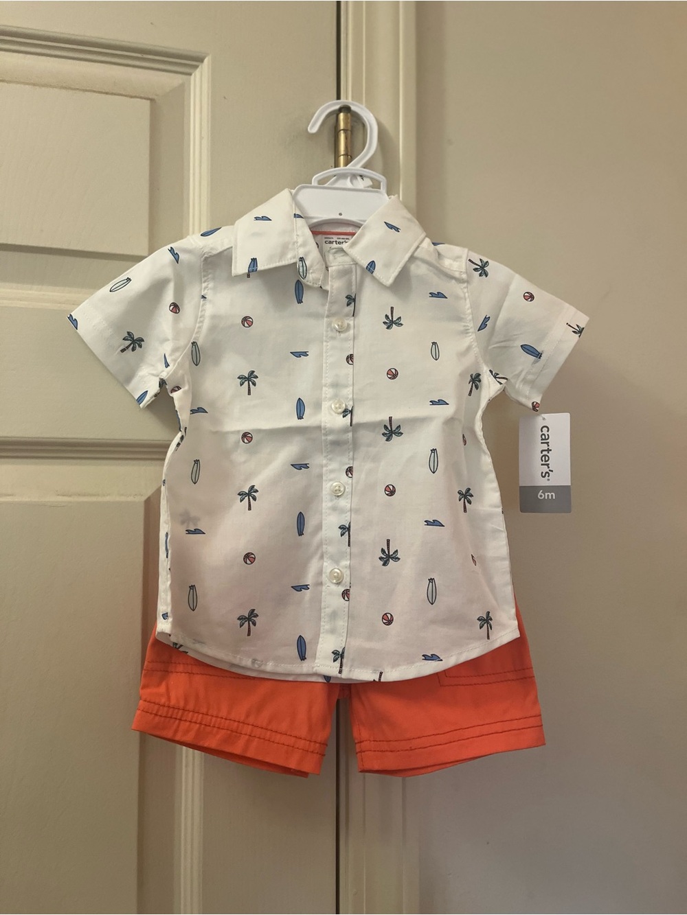 Carter's 6M NWT White Short-Sleeve Button-Up Tropical Shirt and Coral Shorts